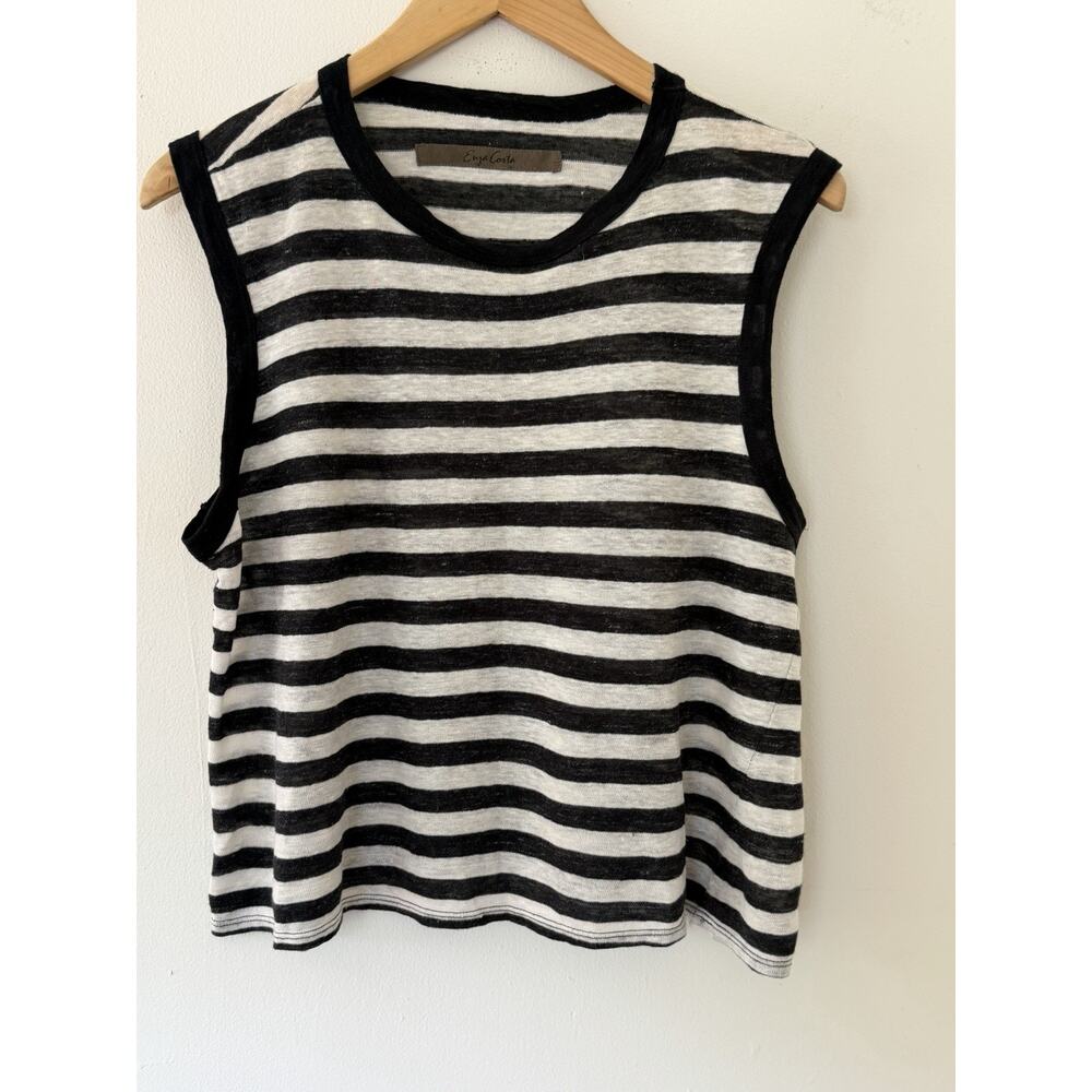 ENZA COSTA Black and White Striped Sleeveless Tshirt Size Medium